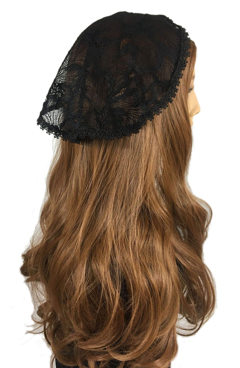 PAMOR Chapel Cap Veil Floral Lace Mantilla Inspired Circle Round Head Covering (Black) - Image 4